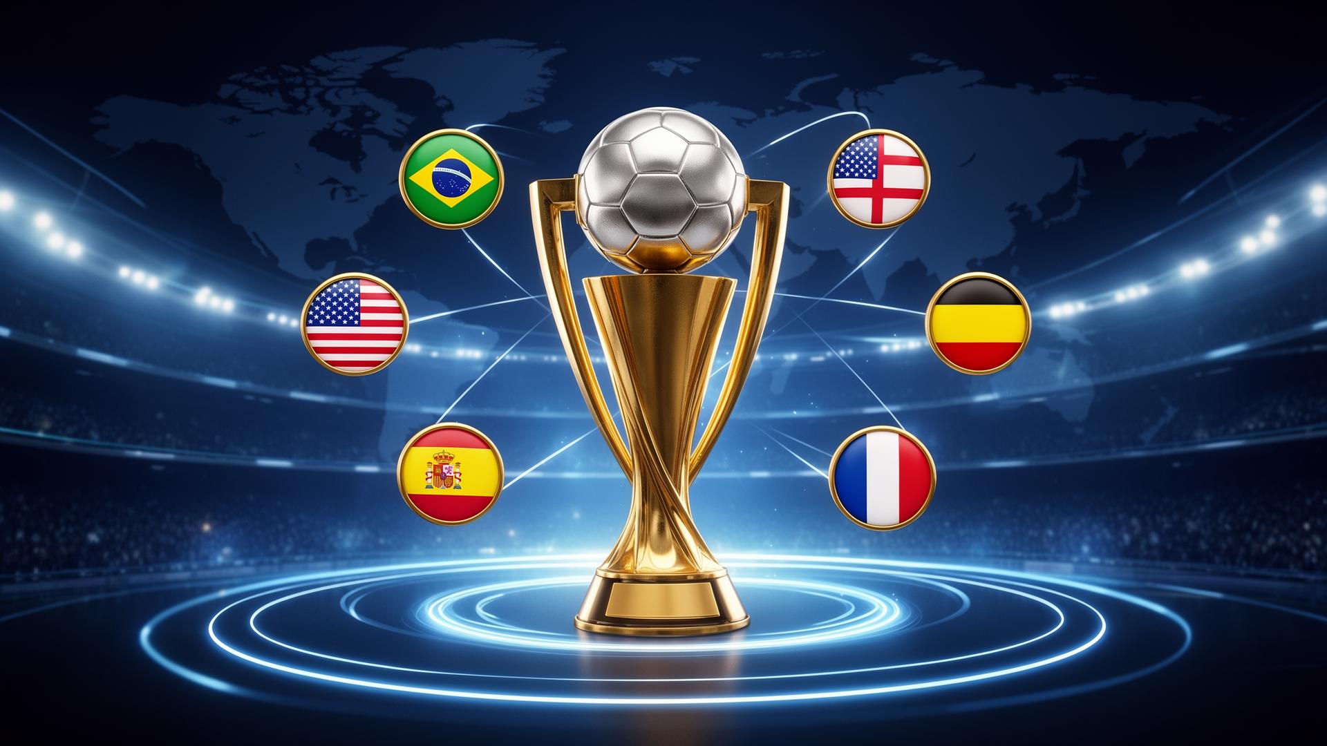 Gold Women's World Cup trophy surrounded by national flag badges on a stadium background